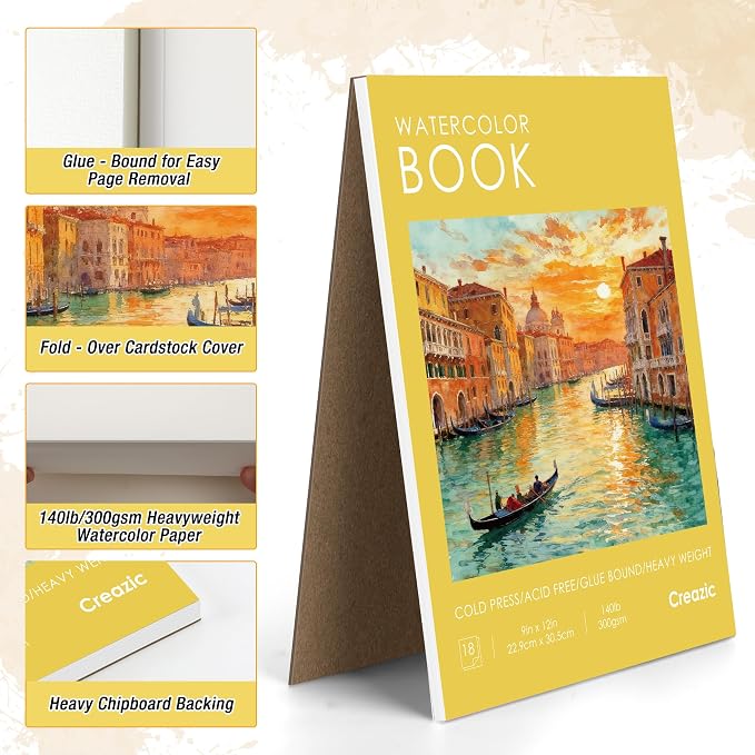 Creazic Watercolor Paper Pad, 9"x12" Water Color Paper,140lb/300gsm, Yellow
