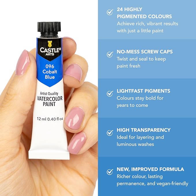 Castle Art Supplies 24 X 12ml Watercolor Paint Set for Adults - New Formula | Richer, intense colors in easy-squeeze tubes - just add water for smooth, vibrant results, presentation box included