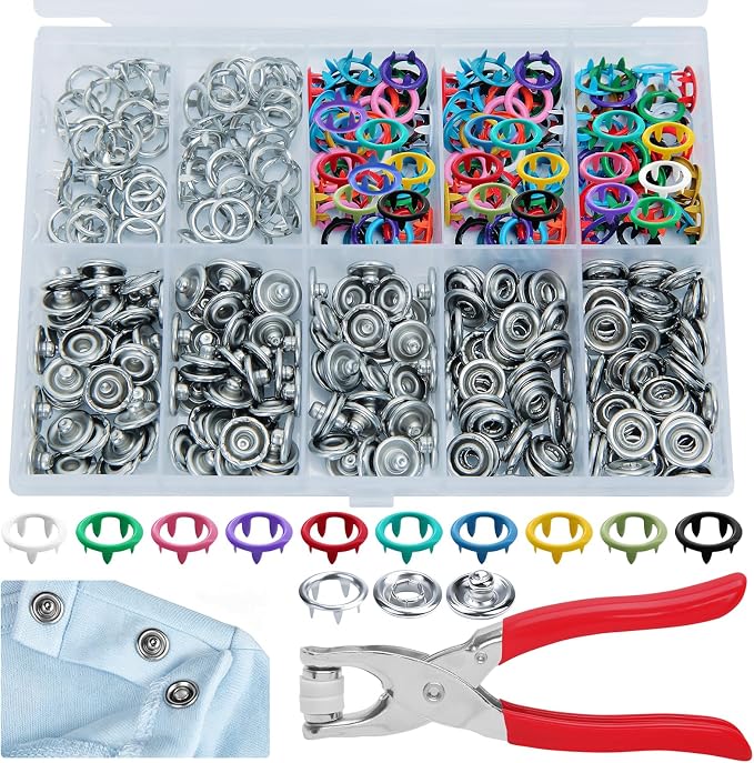GOLDDUO 9.5mm Colorful Hollow Metal Snap Fasteners Kit with Pliers, 100 Sets (400 Pcs) No-Sew Press Studs in 10 Assorted Colors for Baby Clothes, Sewing & DIY Fabric Crafts