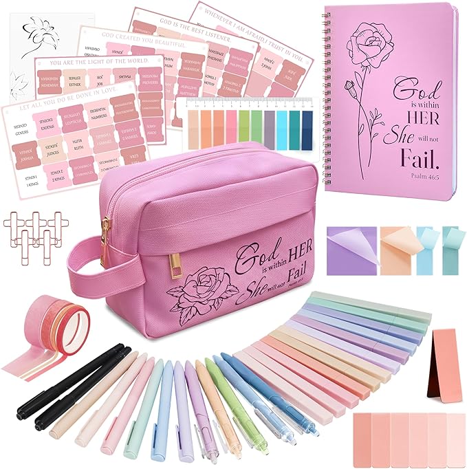 48 Pcs Bible Study Supplies for Women, Bible Journaling Kit Includes Bible Pencil Case, Tags, Pens, Highlighters, 4 Color Clear Sticky Notes, Notebook, 15 Clips, 4 Rolls of Washi Tape & More (Pink)