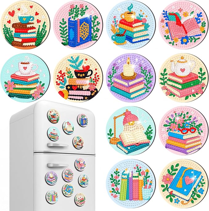 Zonon 12 Pcs Patriotic Diamond Art Kits Magnet,Book Diamond Fridge Magnets | Diamond Painting Stickers, Sparkling Book Designs, Book Lover Magnetic Stickers,Gifts, for Refrigera tor Home Kitchen Decor