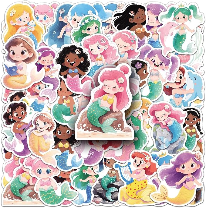 50PCS Mermaid Stickers, Waterproof Vinyl Decals, Ocean Themed Stickers for Water Bottles, Laptops, Scrapbooking(Mermaid)