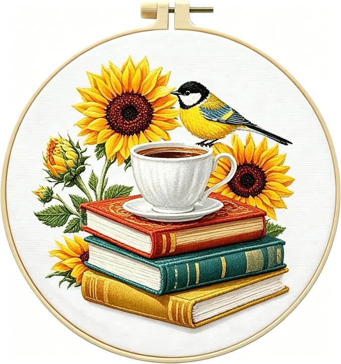 Zhenqing Book Lover Embroidery Kit for Beginners, Sunflower Bird & Coffee Books Needlework Craft with Pre-Printed Cotton Fabric, Hoop, Threads & Tools, Reading Nook Decor (C0112)