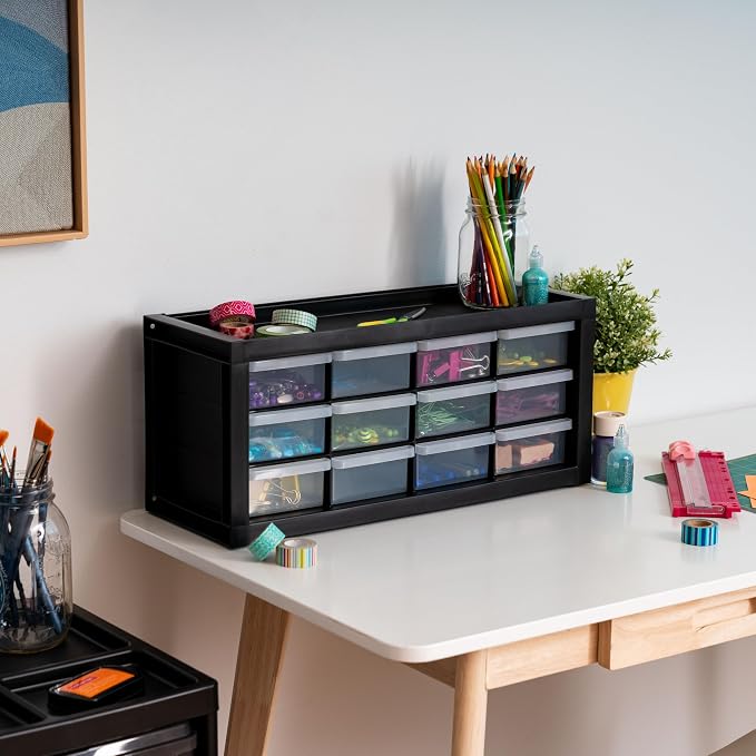 IRIS USA 12-Drawer Desk Storage Organizer, Charms, Water Packets, Black | Wall mountable, Stackable, Craft Supplies, Building Bricks, Crayons, Beads Organizer