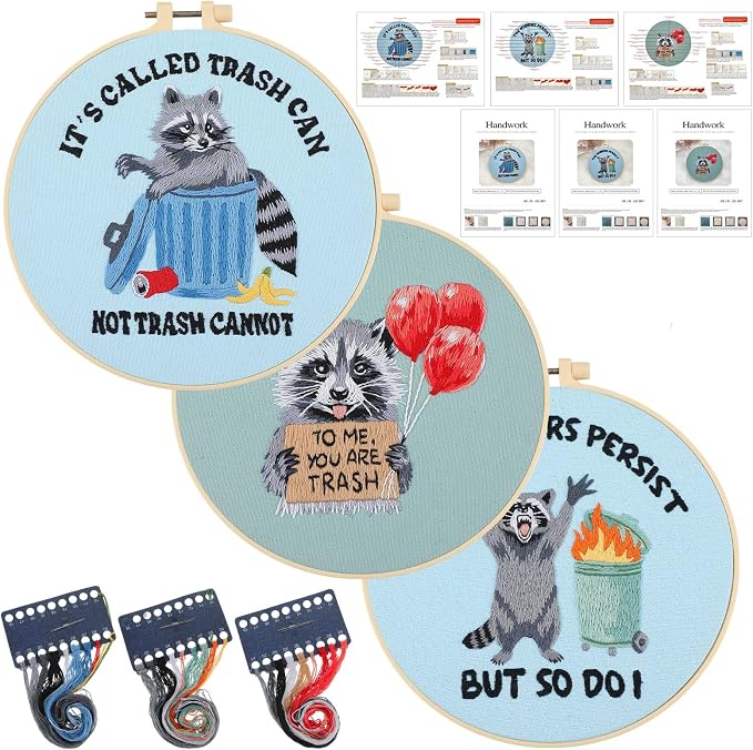 Mindsoft 3 Set Needlepoint Kit for Beginners with Hoop,Raccoon | Bamboo Hoop Thread Needles Instructions, Easy Hand Embroidery for Beginners Home Crafts,Pre-stamped Funny Cute Designs
