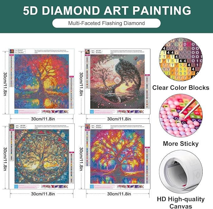 4 Pack Diamond Art Kits for Adults, Tree of Life Diamond Painting Kits