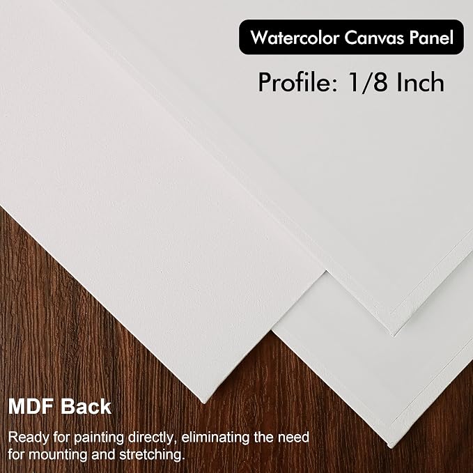 PHOENIX Watercolor Canvas Boards for Painting - 12 Multi Sizes Pack, 5x7,8x10,9x12,11x14 Inch, 100% Cotton Water Color Panels, 8 Oz. / 260g White Blank Medium Texture Flat Canvases