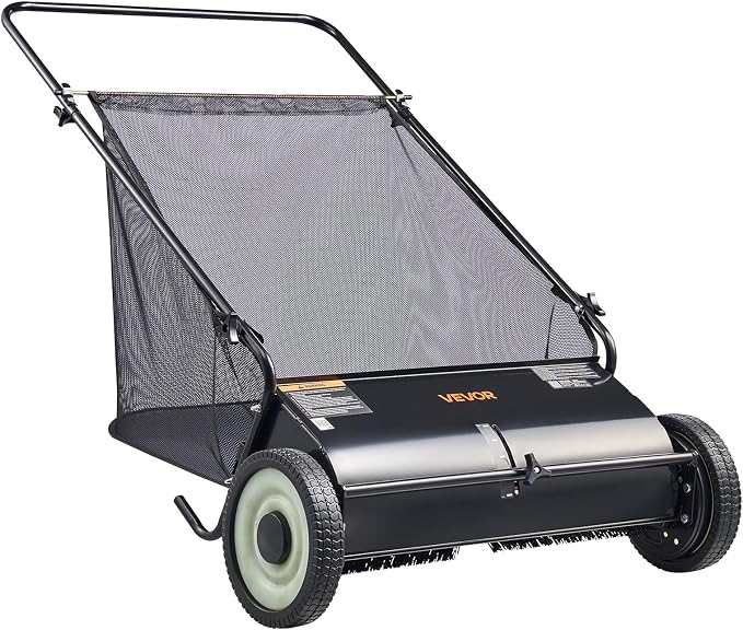 VEVOR Push Lawn Sweeper 26 Inch Leaf & Grass Collector Strong Rubber Wheels