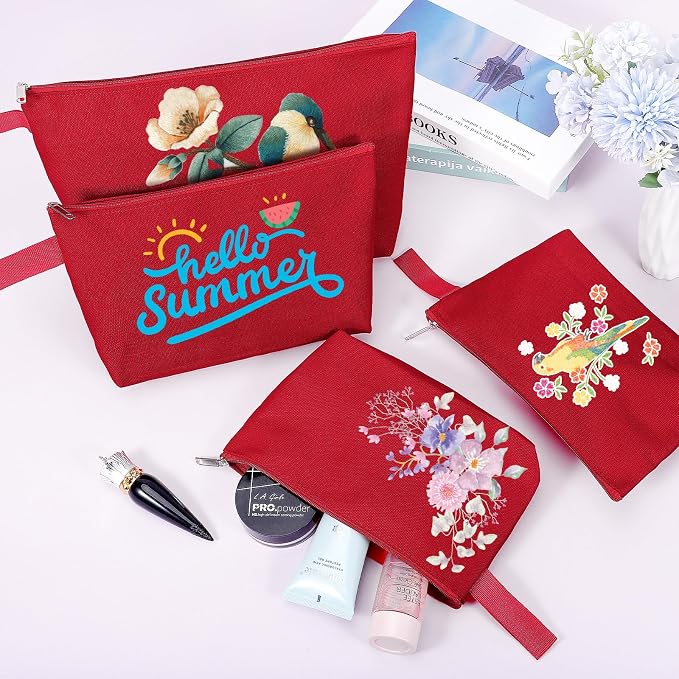 10 Pieces Cotton Canvas Makeup Bag with Bottom and Strap, Multi-Purpose Cosmetic Bag with Zipper Travel Toiletry Pouch, Blank DIY Craft Bag (Red, XS)