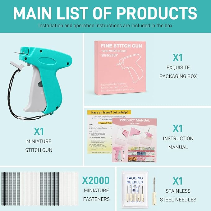 2026 New Stitch Gun for Clothes, Handheld Tagging Gun Quick Clothing Fixer Sewing Kit with 6 Replacement Needles, 1000 Black & 1000 White Fasteners (Blue-Gray)
