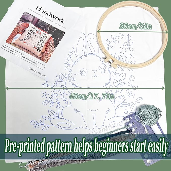 FONNUY Easter Throw Pillow Case Embroidery Kit, Eucalyptus Leaves Happy Rabbit Bunny Stamped Pattern Kits for Audlt Beginners, Hand Works Crafts Throw Pillow Cover, 18 x 18'' (Rabbit 01)