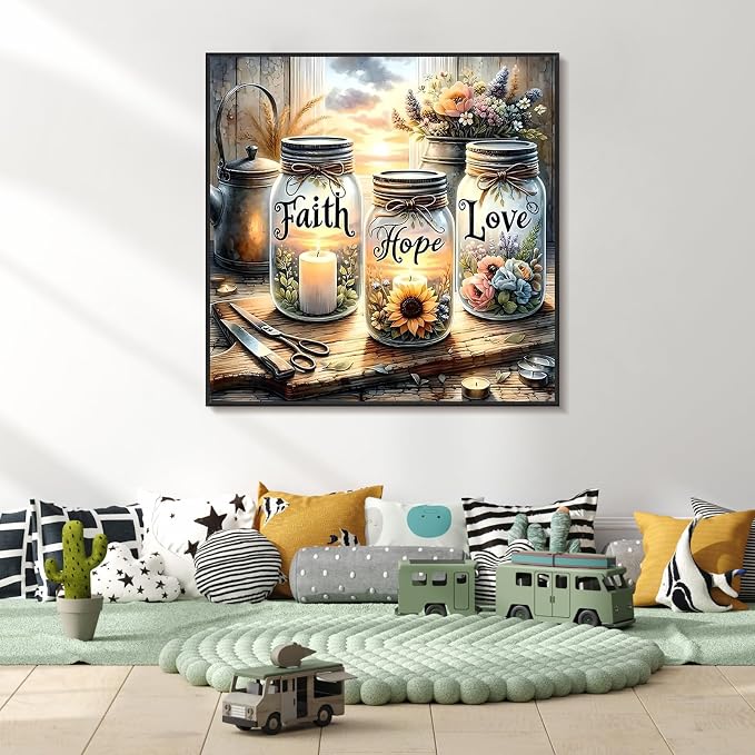 Framed Paint by Numbers Kit for Adults Faith, Hope, Love Wishing Bottle | For Adults Beginner & Kids Ages 8-12, With Frame Canvas 10x10 inch, DIY Acrylic Painting by Numbers, Home Wall Decor Gift