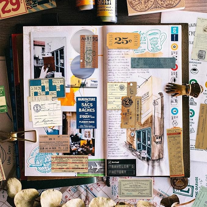 PRSTINCOL 100Pcs Vintage Sticker Pack - Scrapbooking Supplies & Junk Journal Accessories - Aesthetic Stickers for Water Bottles, Craft Kits, Bullet Journals - Retro Design
