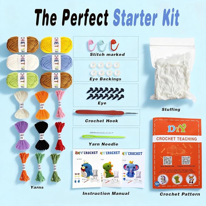 Cosminy 8Pcs Crochet Kit for Beginners, DIY Craft for Adults and Kids, Great Gift for Crochet Lovers, Crocheting Animal Kits with Step by Step Videos,Yarn,Crochet Hook,Birthday Holiday Gift