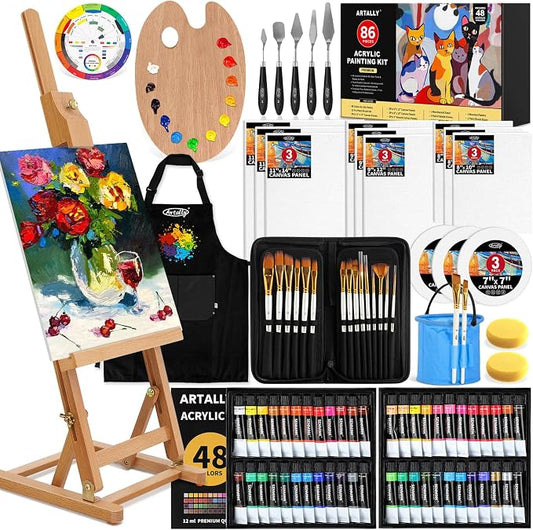 86-Piece Acrylic Painting Kit with Tabletop Easel, 48 Colors Acrylic Paint Set, Paint Brush Set & Case, Brush Basin & Art Apron, Complete Art Supplies Painting Set for Adults, Artists, Beginners
