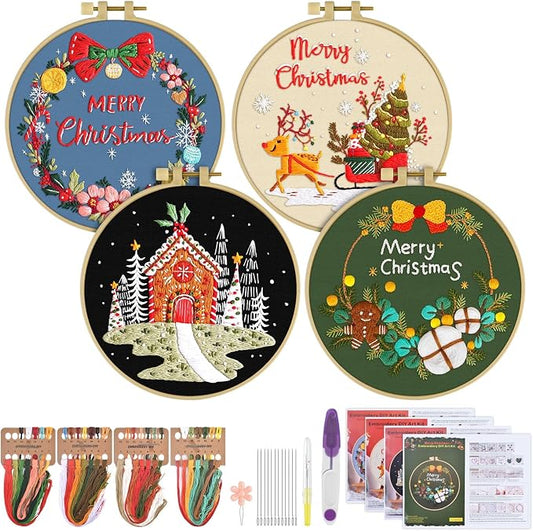 ERKOON 4 Sets Embroidery Kit for Beginners, Christmas Cross Stitch Set with Easy Pattern Embroidery Cloth Hoops Threads for Craft Lover Hand Stitch