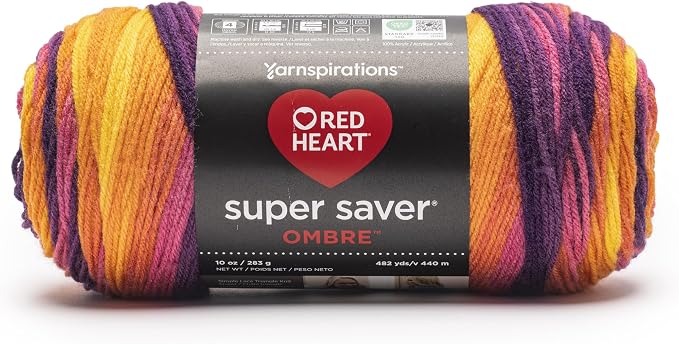 Red Heart Super Saver Ombre Yarn for Crocheting, Sunset, 2-Pack | #4 Medium Worsted Weight 100% Acrylic Ombre Yarn for Blankets, Scarves, Hats, and Sweaters, 482 yards, 283g/10oz