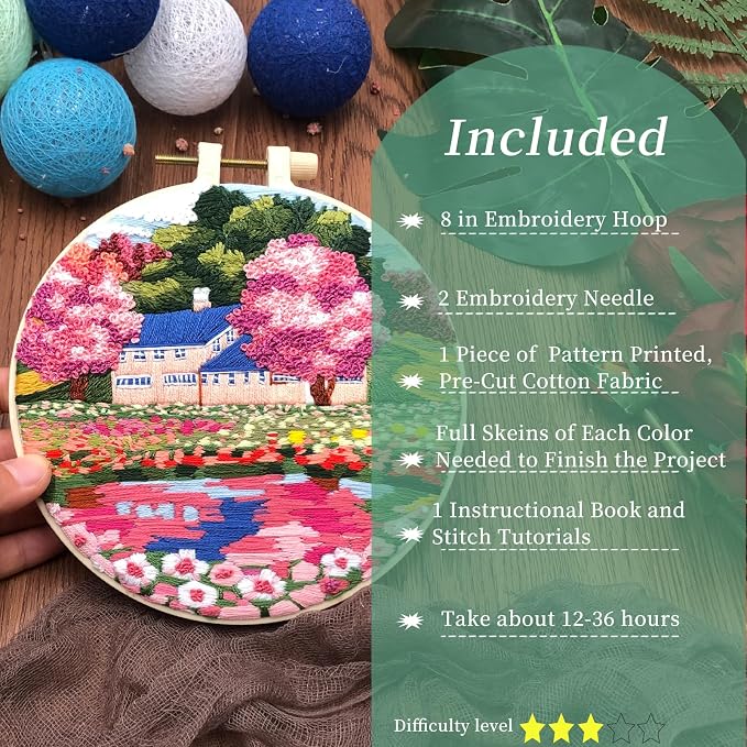 FONNUY Embroidery Kit for Beginners, Boho Nature Landscape Pre-Stamped Pattern Kits for Adults with Hoop, Easy to Follow Color Thread Needlework, 8'' Hoop (Mountain House)