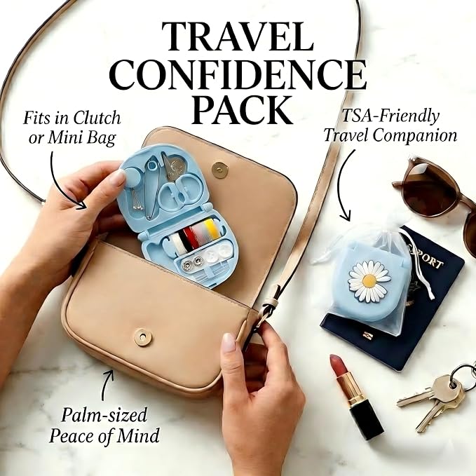 2 Pack Mini Travel Sewing Kit, Portable Emergency Sewing Box with Scissors, Needles, Threads, Compact Clothing Repair Set for Travel, Purse, Office, College Dorm (3D Daisy White)