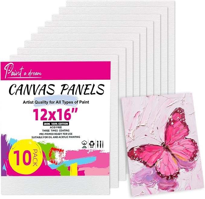 10 Pack 12"x16" Canvas Panels 100% Cotton for Acrylics & Oils | Gesso Triple Primed, Acid-Free & Non-Toxic, Art Painting Supplies for Gifts, Canvas Boards Ideal for Kids, Adults & Artists