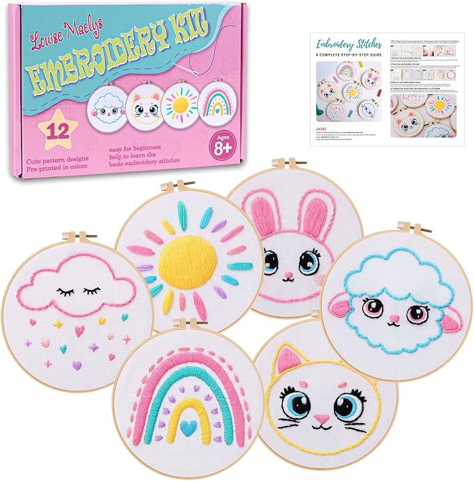 Louise Maelys 12 Pre-Stamped Embroidery Kits for Beginners, Kids Girls Cross Stitch Kit,DIY Needlepoint Craft Sewing Practice Supplies,Funny Cute Pattern,Perfect for Ages 8+