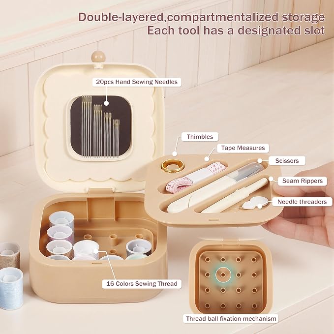 LOTOFUN Small Sewing Kit Box: Cookie Design Portable 2-Layer Organizer Magnetic Needle and Thread Kits Holder Basic Case - Travel Emergency Clothes Repair for Adults (Beige)