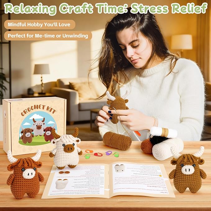 Fortuning's JDS Crochet Kit for Beginners - Crochet Highland Cow Beginner Crochet Kit for Adults, Complete Scottish Cow Crochet Animal Kits, Easy Crocheting Knitting Starter Kits Gifts