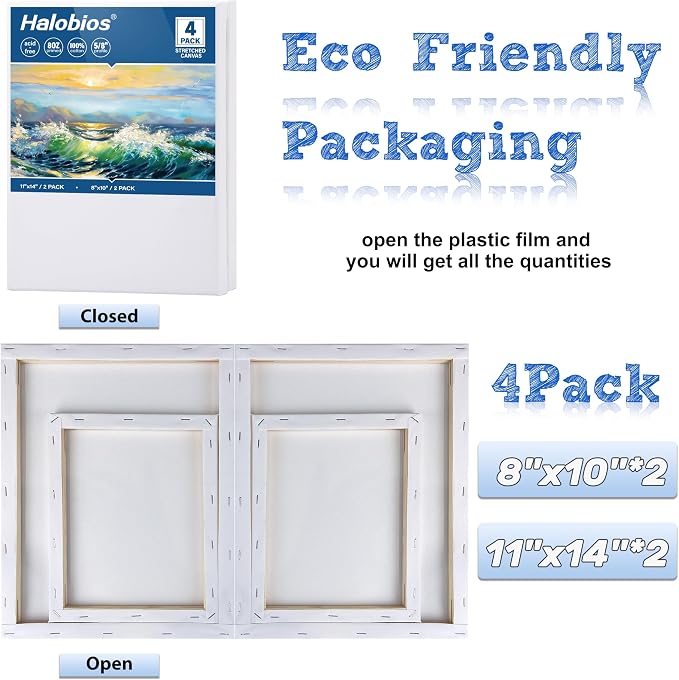 Halobios 4 Packs Blank Canvases for Painting with 8x10in,11x14in(2 of Each), Stretched Canvases for Acrylics, Oils & Other Painting Media, 100% Cotton, 5/8 Inch Profile of Super Value Canvas Pack