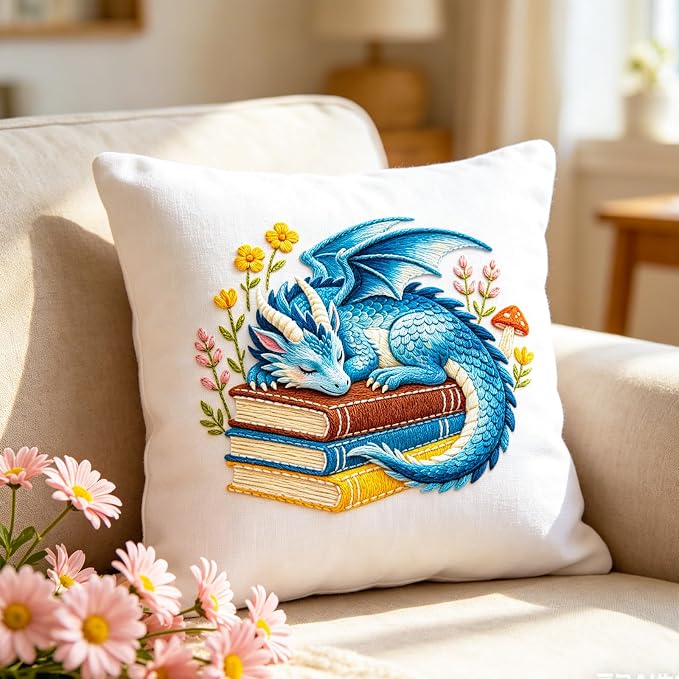 BEUNITONE 4 Set Embroidery Kits for Beginners with Dragon Pre-Print Patterns, DIY Craft Kits Include Instructions and 2 Embroidery Hoops, Cross Stitch Needlepoint Kits for Craft Lover and Home Decor