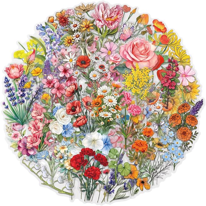 60Pcs Nature Flower Botanical PET Stickers Waterproof Aesthetic Floral Scrapbook Craft Decorative Stickers for Journals,Planners,Adults,Students, Teachers, Sticker Collectors, DIY Lovers..(Flower)