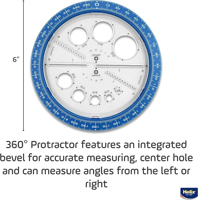 Helix Angle and Circle Maker with Integrated Circle Templates, 360 Degree, 6 Inch / 15cm, Assorted Colors (36002) | Integrated Templates - Geometry and Math Tool - Ideal School Supplies for Students - Precise Drafting and Drawing