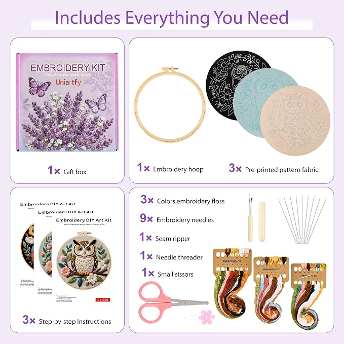 Uniartfy 3 Sets Embroidery Kit for Beginners with Owl Flower Pattern, Hand Needlepoint Kits for Adults, Embroidery Starter Kits with Hoops, Step by Step Video & Instructions, DIY Cross Stitch Kit