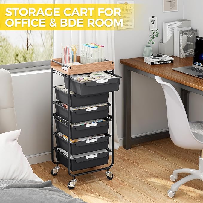 SYKIARIOL Utility Cart with 6 Labeling Drawers and Wooden Tabletop | Rolling Storage Cart for Crafters, Artists, Kids, Teachers, and Students – Organize Arts, Crafts, Sewing & Study Supplies