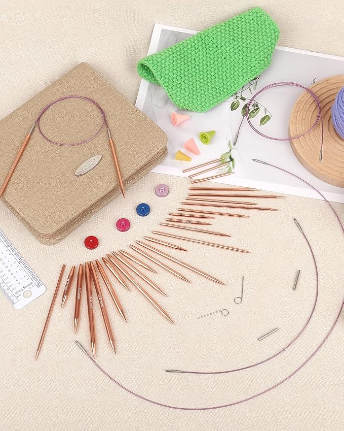 Aeelike Interchangeable Knitting Needles Set for DIY Crafts, Rose Gold | Aluminum Interchangeable Knitting Needles with 4 Cables, Smooth Complete Needles Set for Socks Blankets Sweaters, Ideal Gift