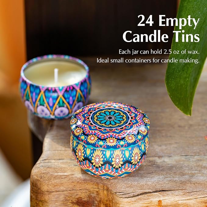 Domivirgo 24 Empty Candle Tins 2.5 oz with Lids - Simple Candle-Making Kit, Includes 26 Wicks, 5 Holders & 32 Stickers, Multi-Purpose Storage Containers for Crafts & Small Items (2.5oz)