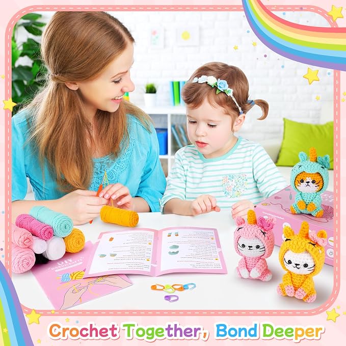 Crochet Kit for Beginners - 3 PCS Unicorn Cat Crochet Kits with Step-by-Step Video Tutorials, Beginner Crochet Kit for Adults, Crochet Animal Kit for Starters, Cat Dressed as Unicorn Set