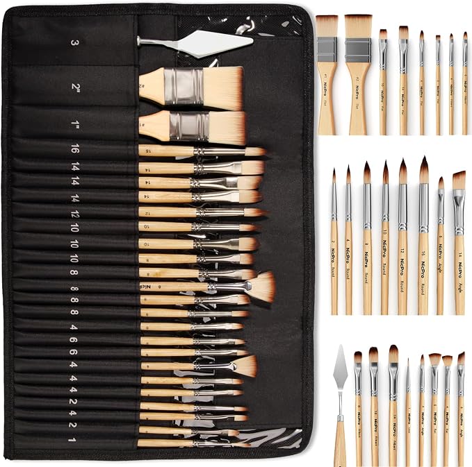 Nicpro 26pcs Professional Paint Brush Set with Palette Knife & Canvas Roll | Artist Paint Brushes for Acrylic Painting, Oil, Watercolor & Gouache, Adults Art Painting Tools Supplies