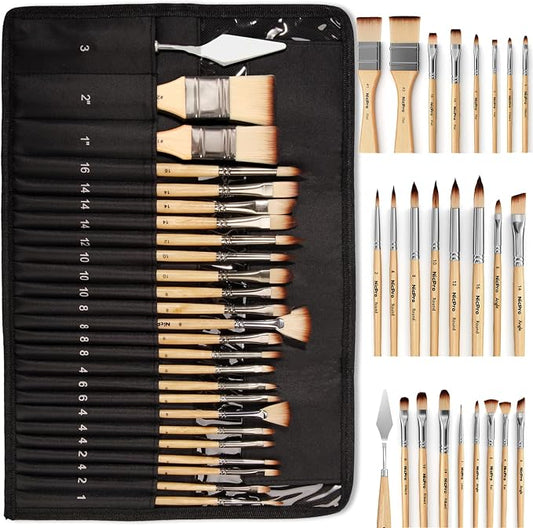 Nicpro 26pcs Professional Paint Brush Set with Palette Knife & Canvas Roll | Artist Paint Brushes for Acrylic Painting, Oil, Watercolor & Gouache, Adults Art Painting Tools Supplies