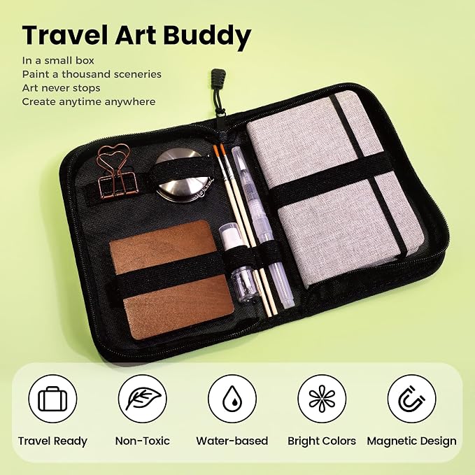 Pagather Travel Watercolor Travel Set, 24 Colors Mini Portable Paint Kit | Includes Water Brush and Compact Design, Perfect for Beginners, Hobbyists and Artists to Create Beautiful Paintings Anywhere