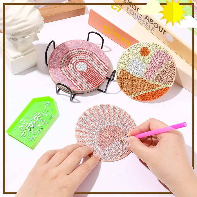 UPINS 8Pcs Boho Diamond Art Painting Coasters for Drinks | DIY Coaster Diamond Art Kits,for Adults Kids Beginners Diamond Art Craft Supplies
