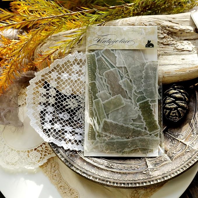 CATaireen Vintage Junk Journal Ephemera Scrapbooking Supplies Translucent Vellum Paper Stickers Card Making Decal Art Aesthetic for Adults (Ephemera Lace -2)