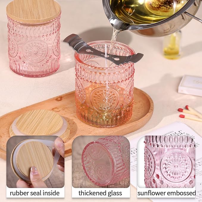 DARJEN 10 Pcs 8oz Glass Candle Jars with Lids, Candle Containers Tins-Pink | Premium Thick Glass, Secure Wooden Lids- Candle Jars for DIY Candle Making, Stunning Sunflower Design