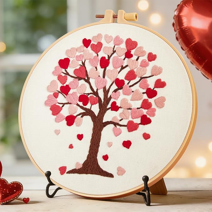 Love Heart Tree Embroidery Kits for Beginners Adults, Valentine's Day Hand Embroidery Kits, Cross Stitch Kits for Adult Anniversary Valentine's Gift, Entire Set of Embroidery Supplies & Video Tutorial