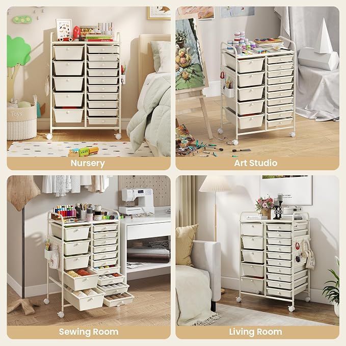 Giantex 15 Drawer Storage Cart, Rolling Craft Cart with Metal Tabletop & Pegboard, Mobile Utility Organizer Trolley with Locking Wheels, Home Office, Classroom, Teacher Supplies, Ivory