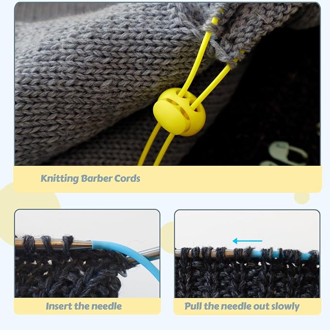 RYSUOZI Knitting Barber Cords, 2PCS Odorless Knitting Accessories Kit for Needle, with 20PCS Metal Stitch Markers, 40PCS Plastic Stitch Markers, Stitch Holder Cord Lock Needle Stoppers in Tin Box