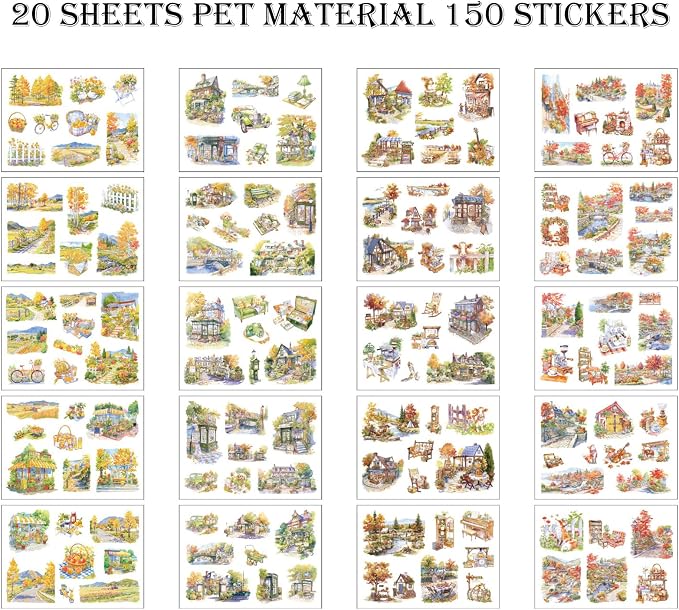 PET Autumn Sticker 20 Sheets 150 Pre-Cut Fall Stickers for Scrapbooking Landscape Scrapbook Sticker Transparent Stickers for journaling
