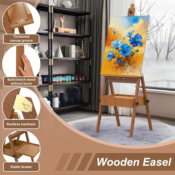 Professional Vintage Wood H-Frame Easel, with 2 Palette and Storage Box | Multi-Function Studio Easel, Professional Foldable Artist Easel Stand for Painting, Holds Canvas Art up to 36"