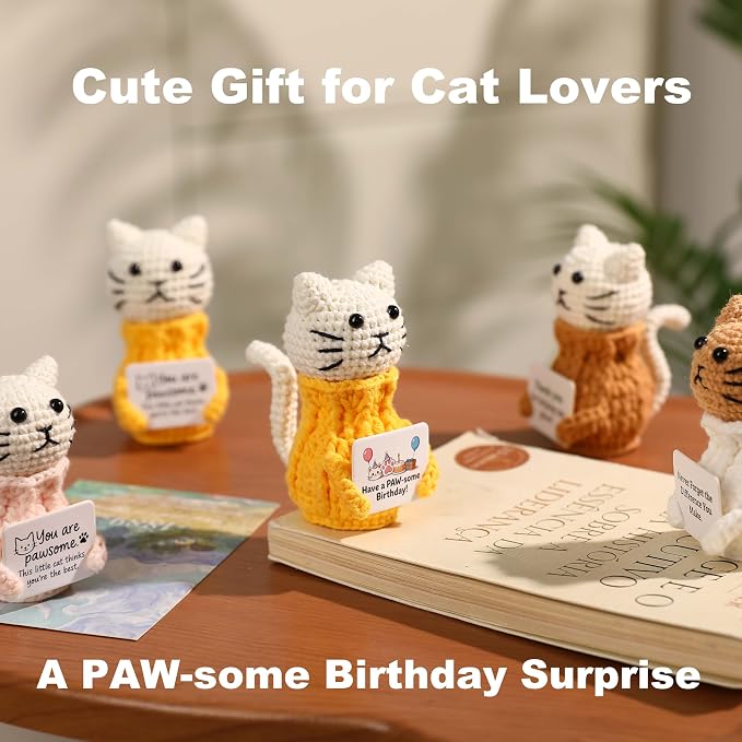 Cute Crochet Cat Birthday Gifts for Teen Girls | Handmade Yellow Cat with Birthday Card, Adorable Funny Kawaii Desk Decor for Daughter, Friends, Sisters