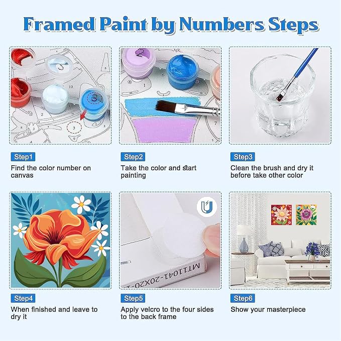Canrichshop 4 Pack Framed Paint by Numbers Kit for Adults Beginner & All Ages 8-12 and More,Flowers Painting by Numbers, DIY Number Painting for Adults for Decor Present 8X 8 inch