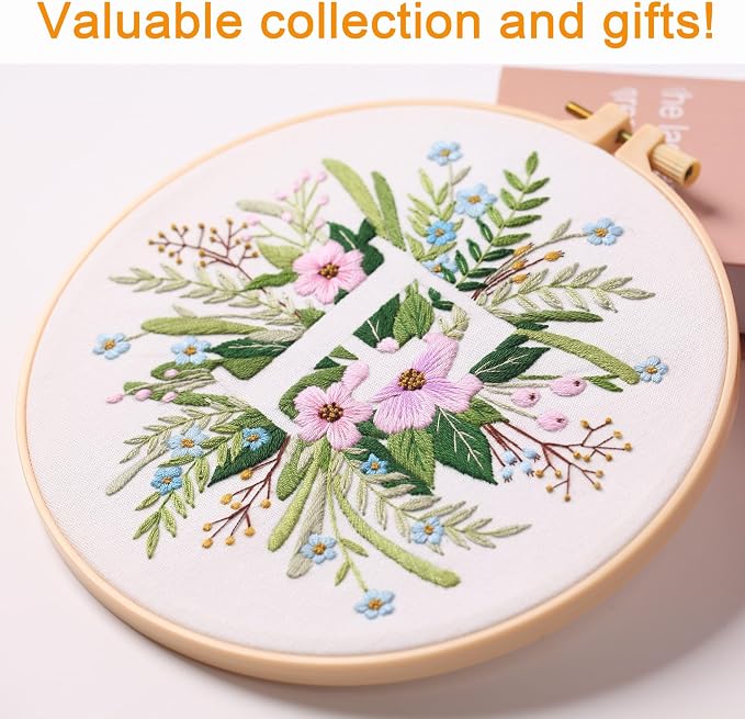 Harimau Letter F Pattern Embroidery Kit for Adult Beginners, Complete Starter Pack with 1 Hoop, Needles, Instruction Guide & Embroidery Stitch Video Tutorials
